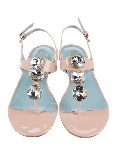 Frances Valentine Leather Crystal Embellishments T-Strap Sandals