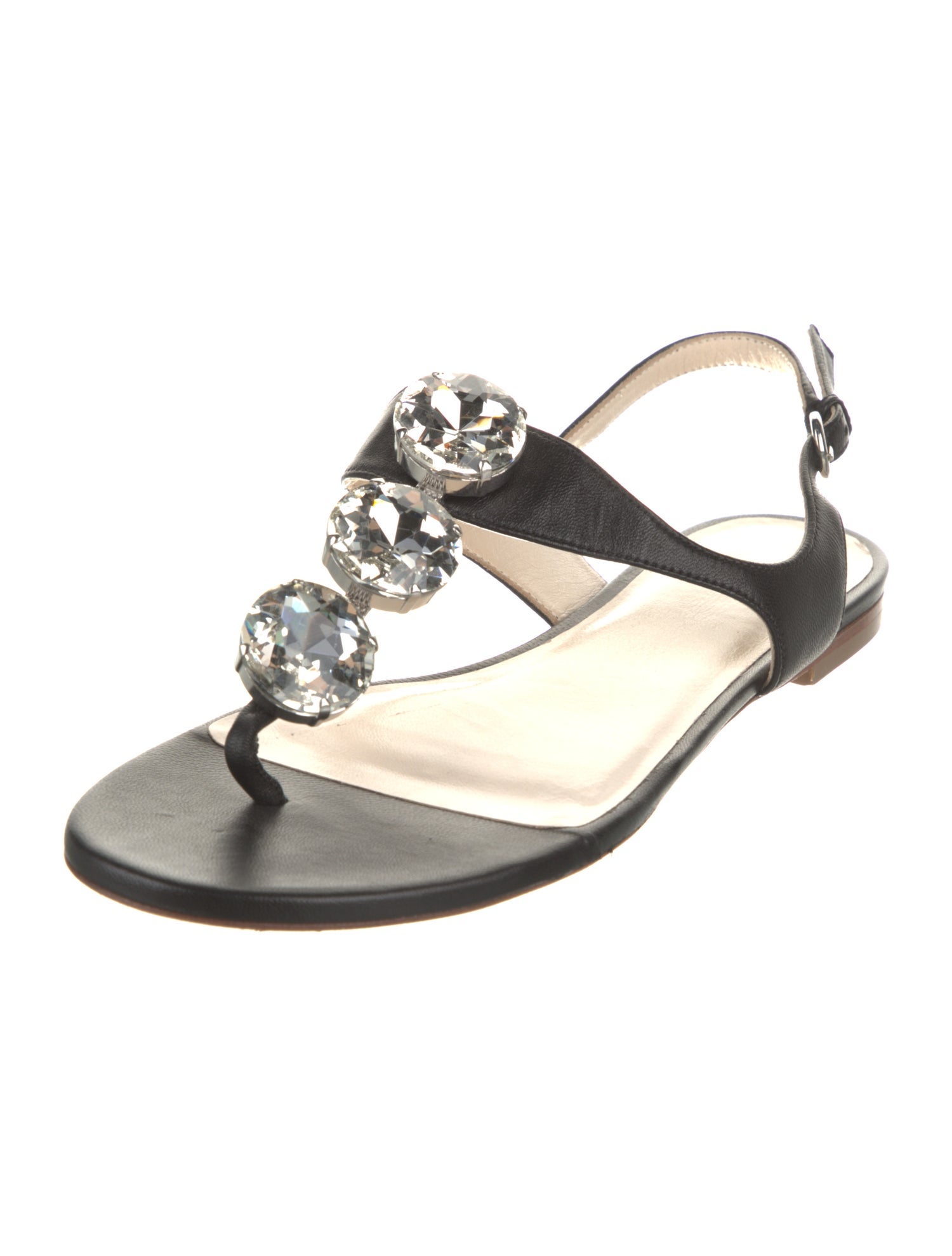 Frances Valentine Leather Crystal Embellishments T-Strap Sandals