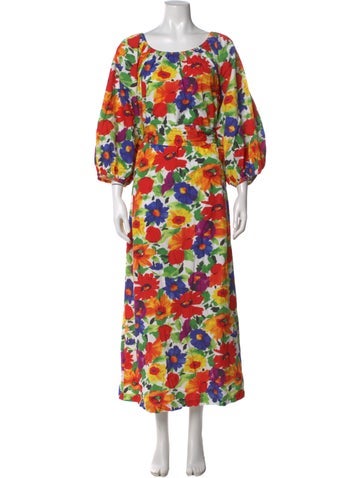 Pre-owned Frances Valentine Floral Print Long Dress In White