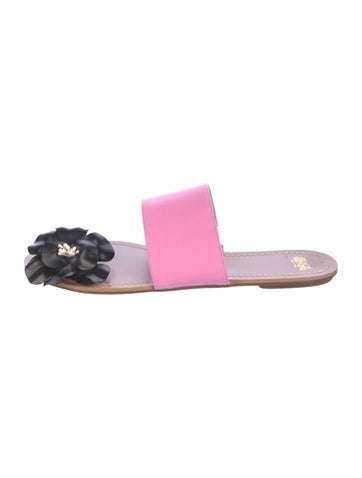 Pre-owned Frances Valentine Leather Floral Print Slides In Pink