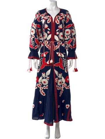 Pre-owned Frances Valentine Floral Print Long Dress W/ Tags In Blue