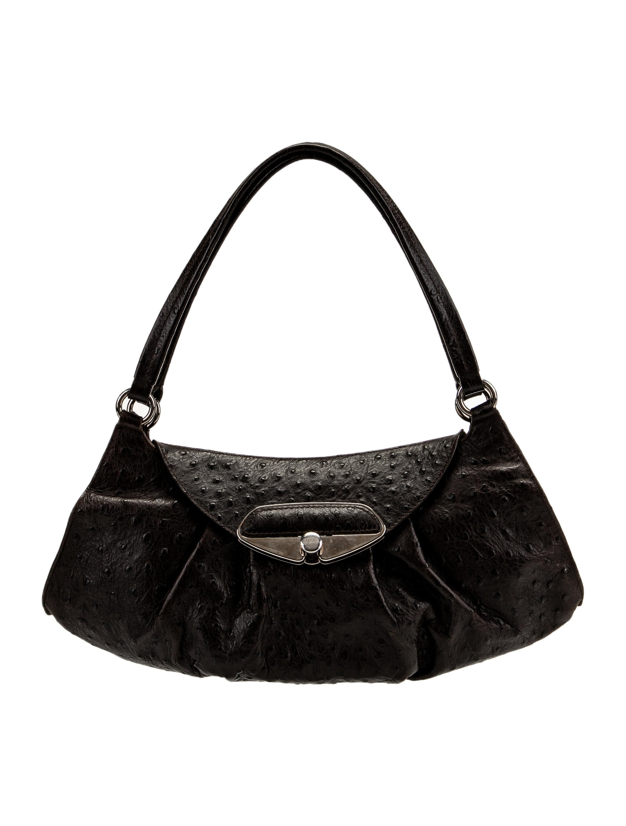 Furla SilverToned Ostrich Leather Shoulder Bag Brown Shoulder Bags