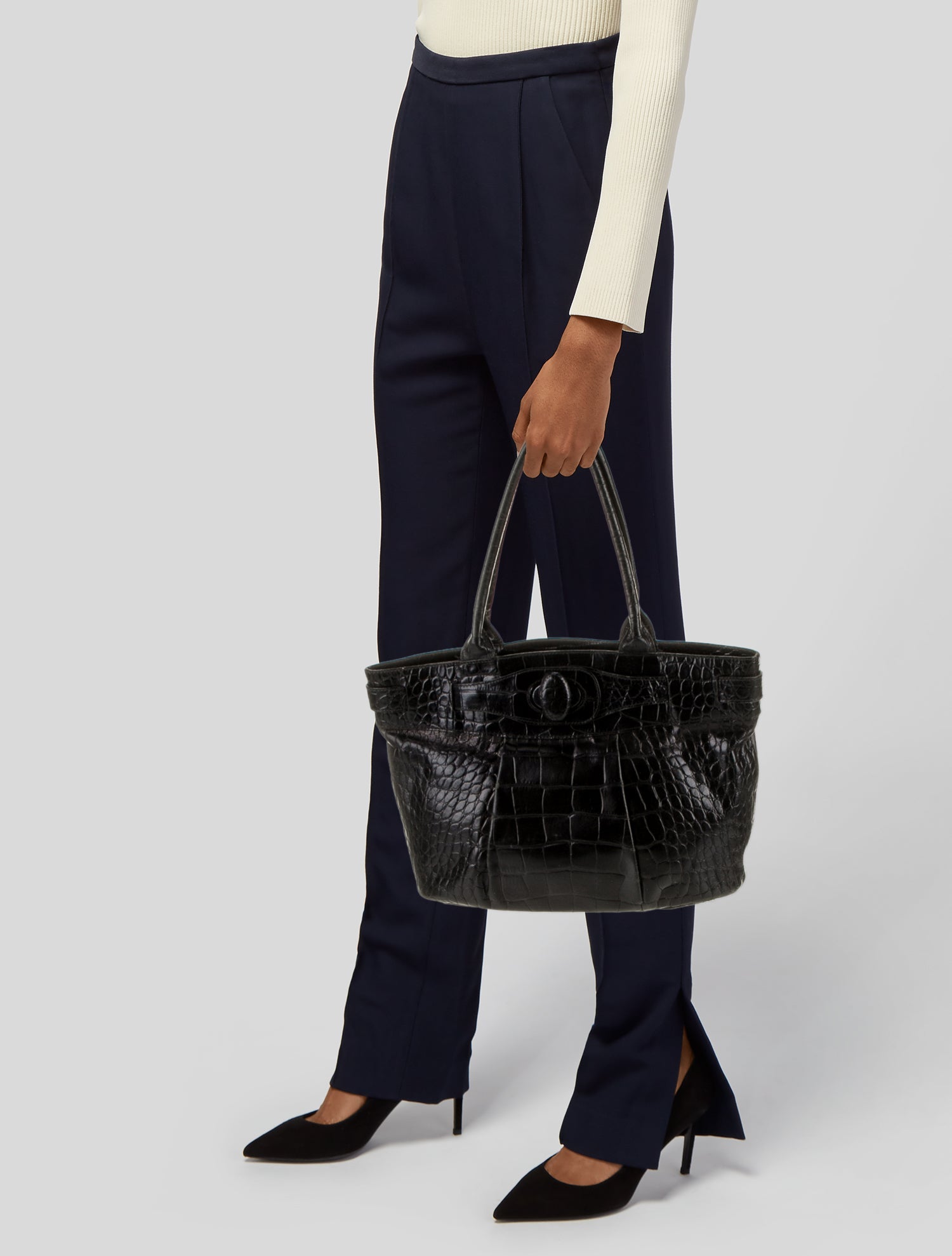 Furla Shoulder Bag Black Embossed Leather Silver-Tone