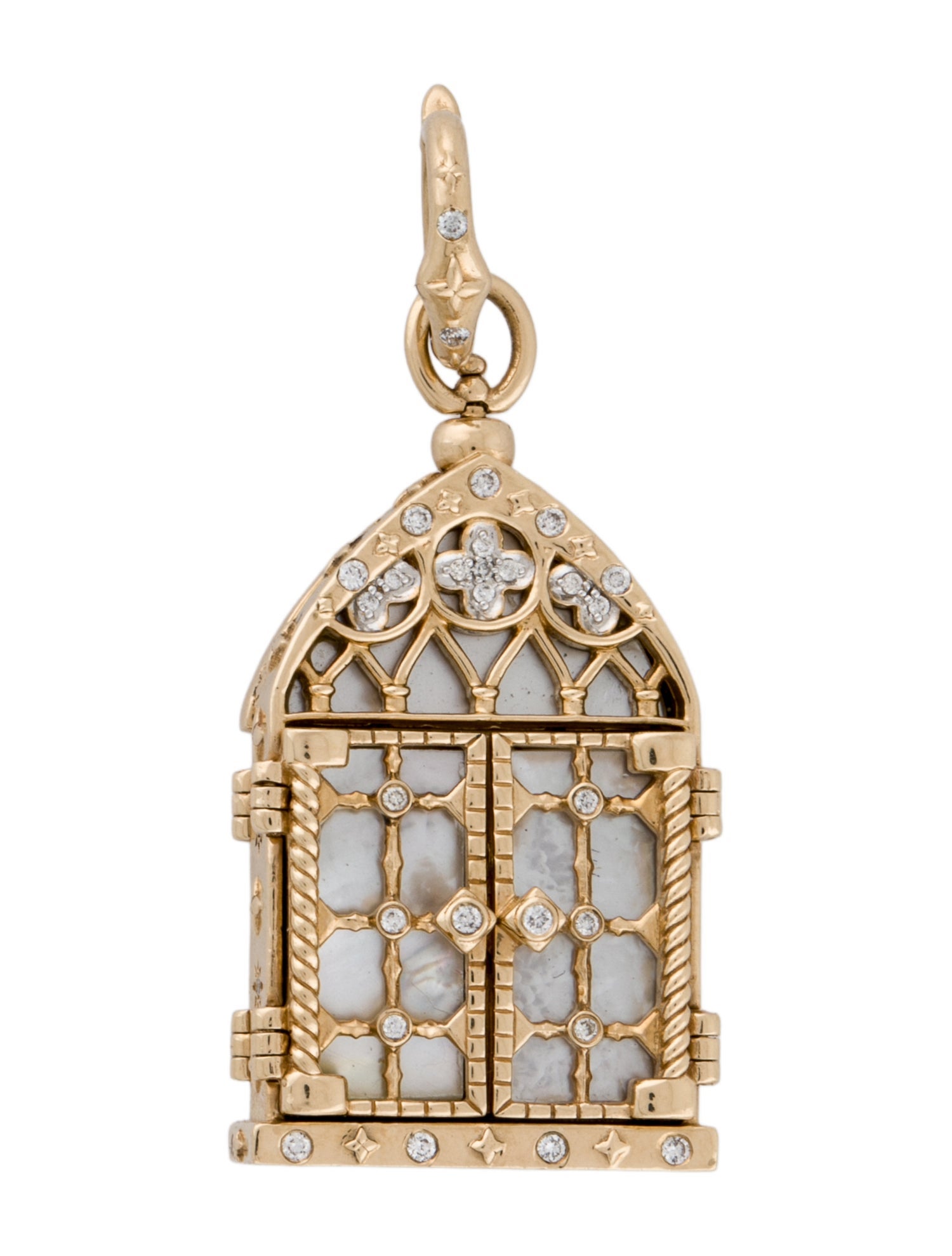 Three Stories 14K Mother of Pearl, Sapphire & Diamond Venetian Stained Glass Door Pendant