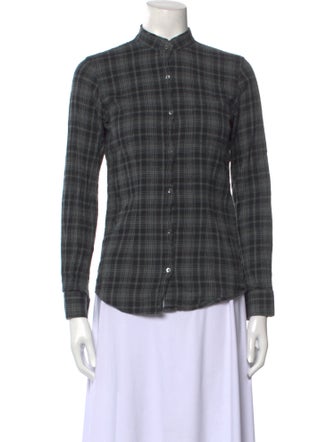 Golden Goose Plaid Print Mock Neck Button-Up Top