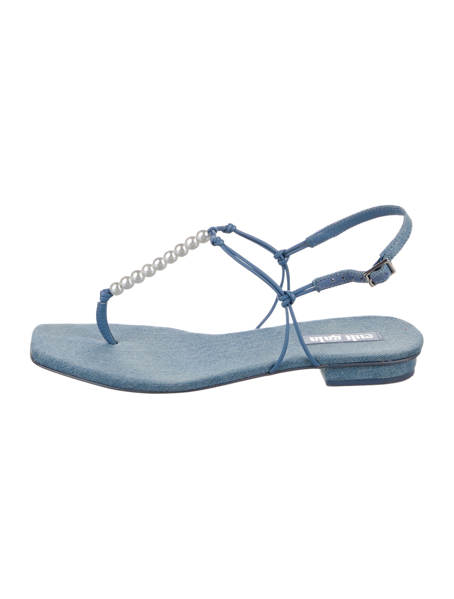 Cult Gaia Denim Beaded Accents T-Strap Sandals