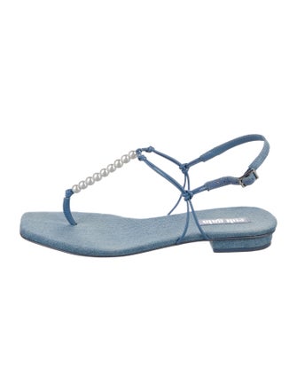 Cult Gaia Denim Beaded Accents T-Strap Sandals