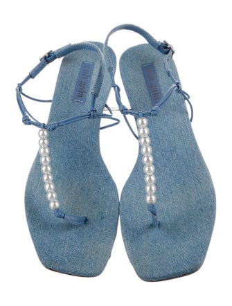 Cult Gaia Denim Beaded Accents T-Strap Sandals