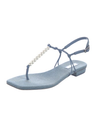 Cult Gaia Denim Beaded Accents T-Strap Sandals