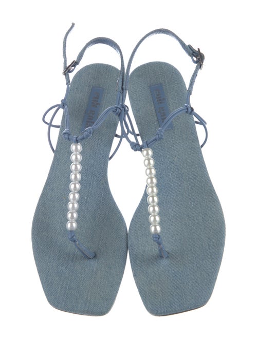 Cult Gaia Denim Beaded Accents T-Strap Sandals