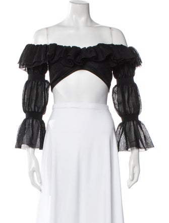 Cult Gaia Off-The-Shoulder Three-Quarter Sleeve Crop Top