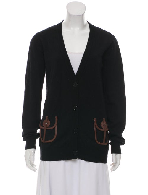 Galliano Leather-Trim Wool Cardigan Black