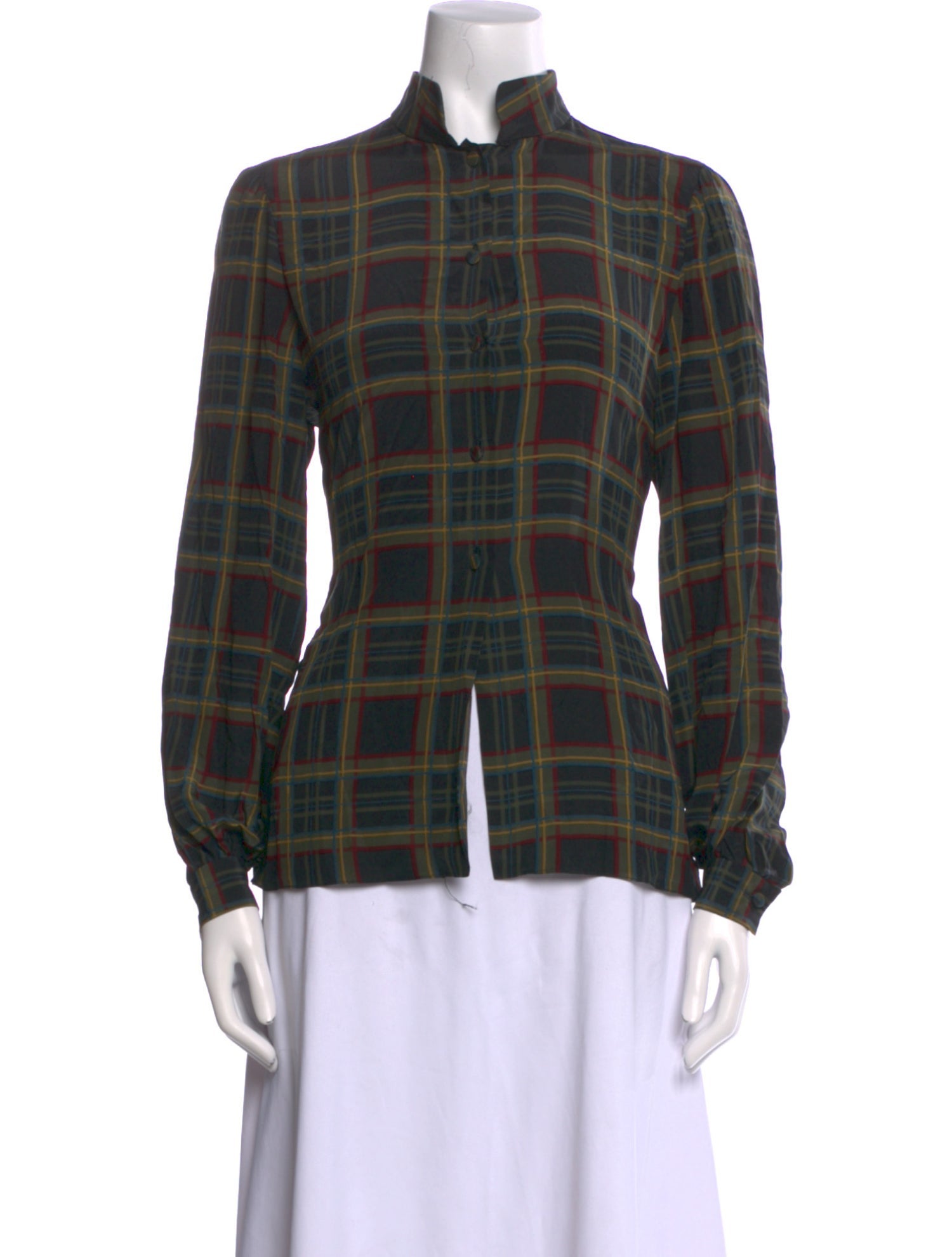 Gloria Sachs Plaid Print Mock Neck Button-Up Top