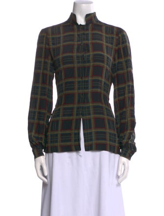 Gloria Sachs Plaid Print Mock Neck Button-Up Top