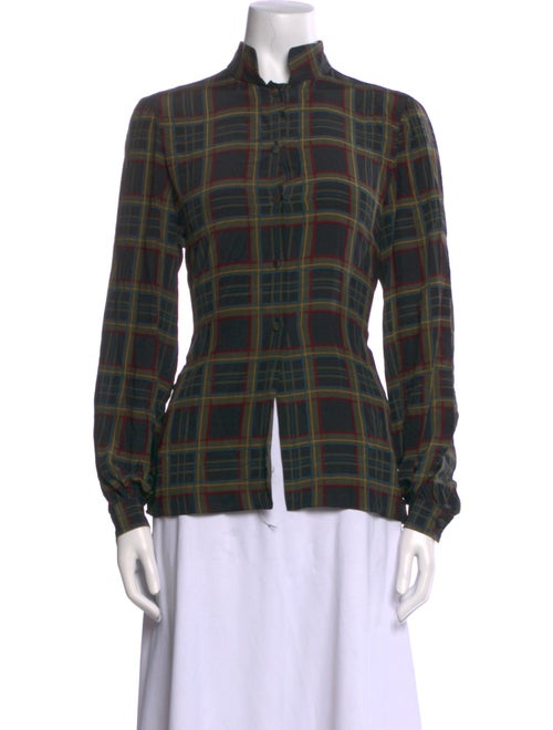 Gloria Sachs Plaid Print Mock Neck Button-Up Top