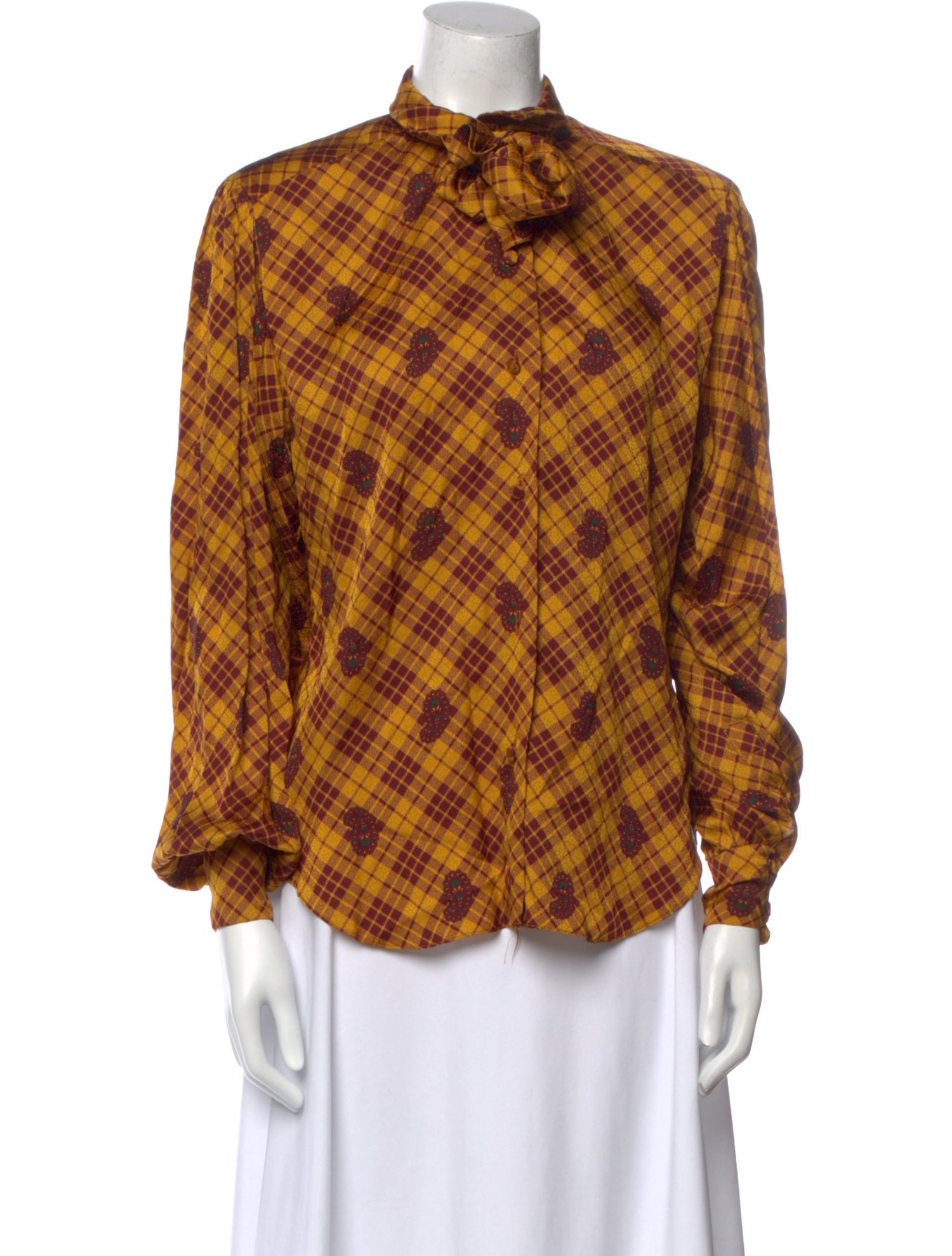 Gloria Sachs Plaid Print Mock Neck Button-Up Top