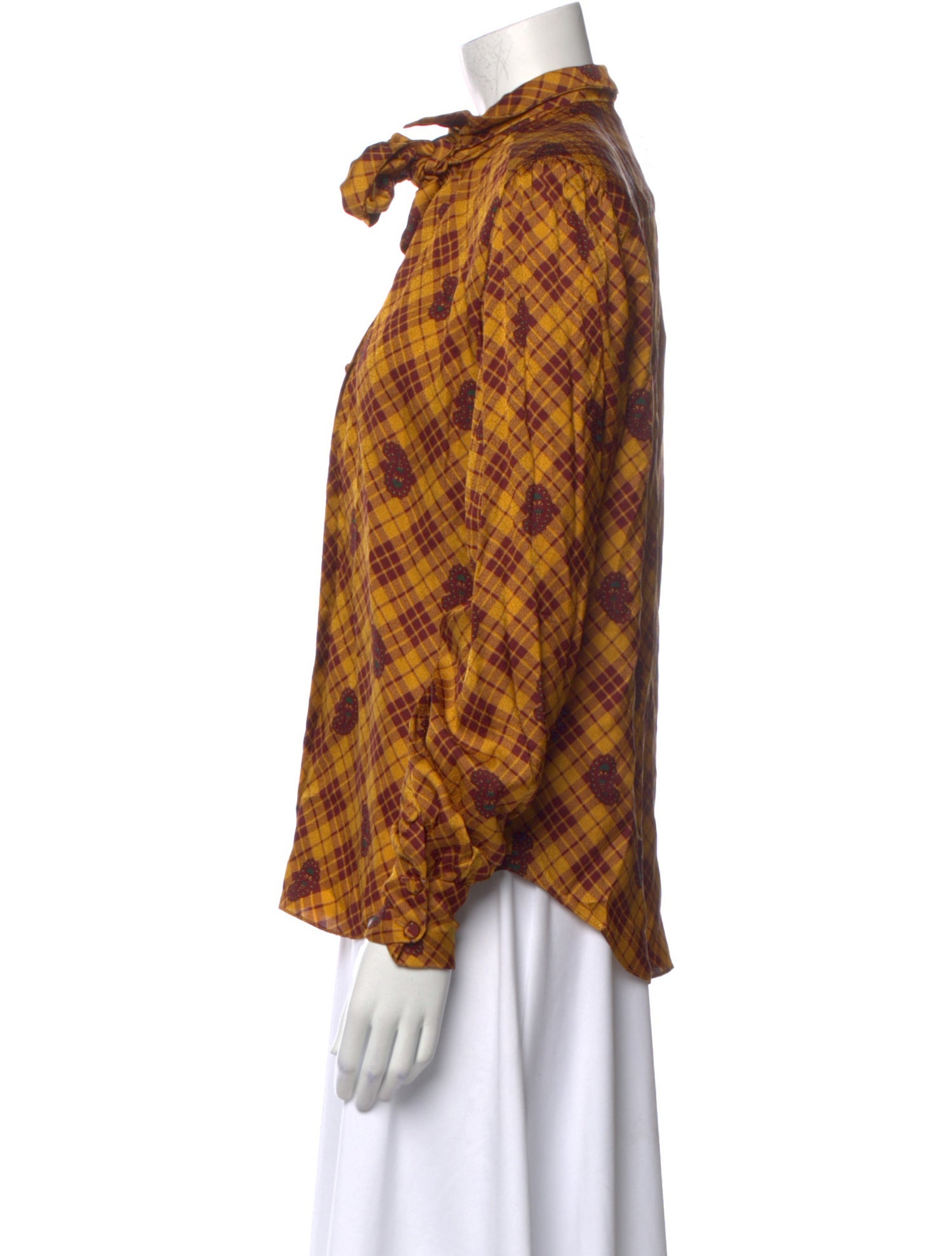 Gloria Sachs Plaid Print Mock Neck Button-Up Top