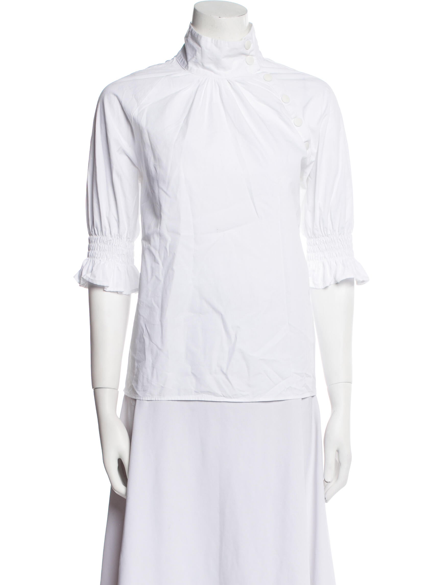 Goop G. Label Mock Neck Three-Quarter Sleeve Button-Up Top