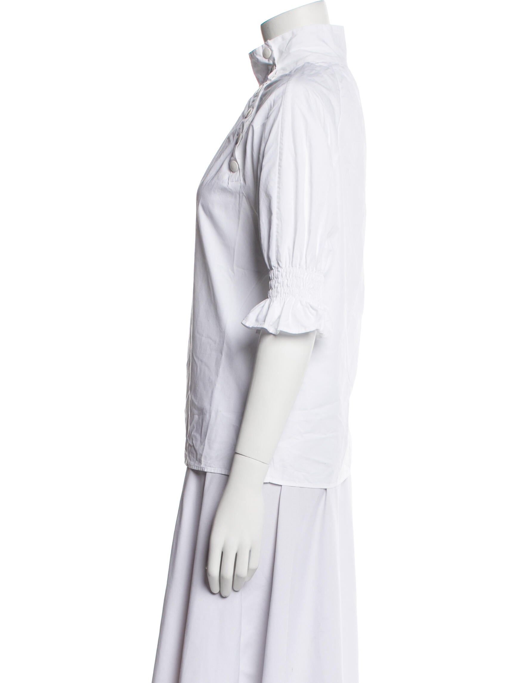 Goop G. Label Mock Neck Three-Quarter Sleeve Button-Up Top