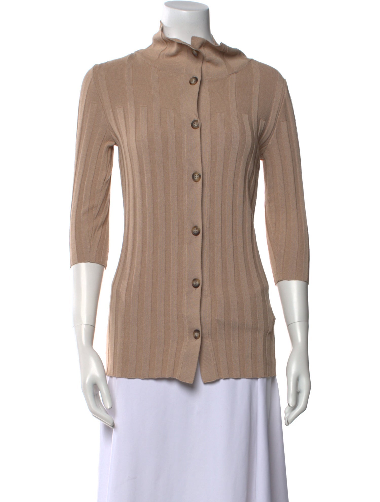 Goop G. Label Mock Neck Three-Quarter Sleeve Button-Up Top