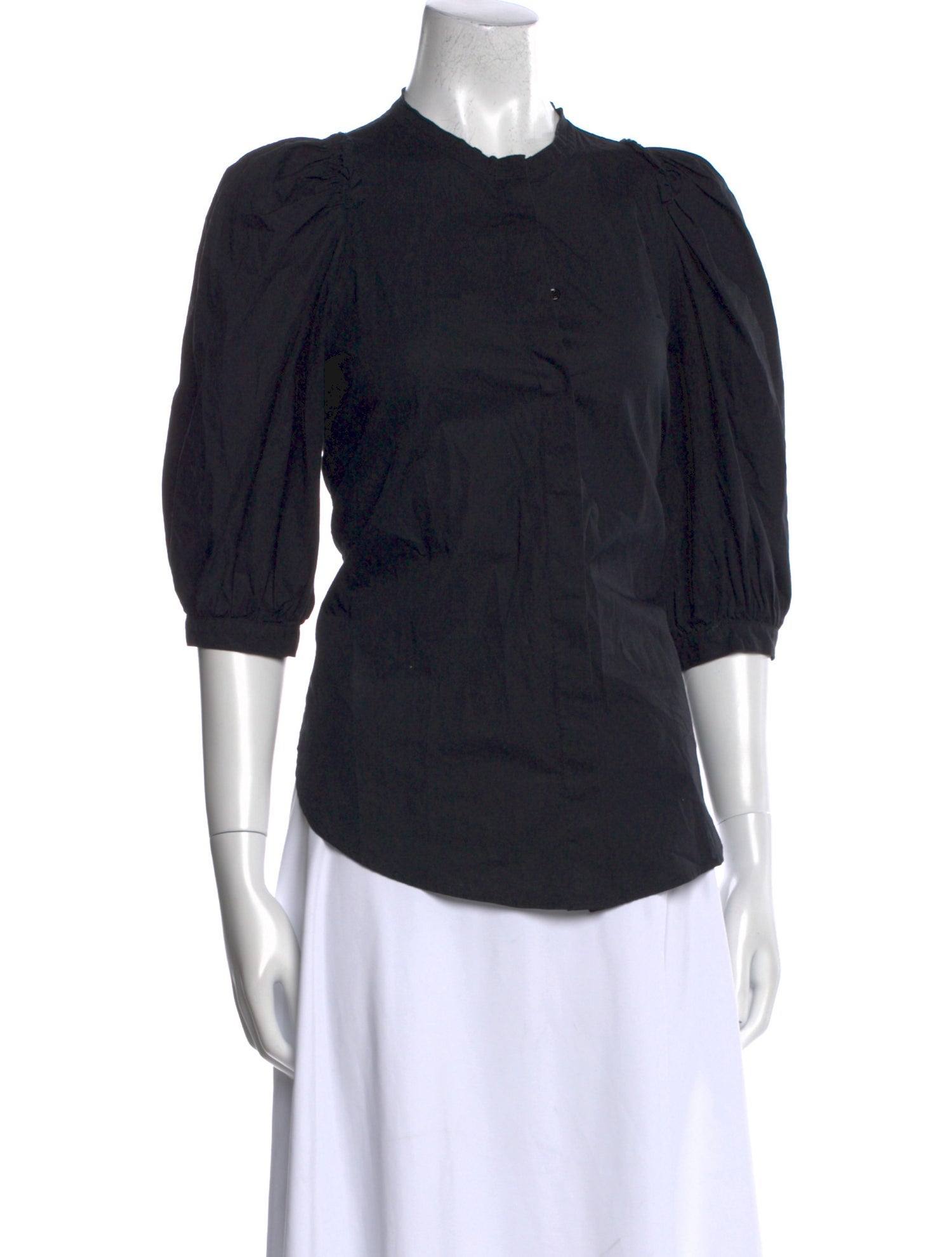 Goop G. Label Mock Neck Three-Quarter Sleeve Button-Up Top