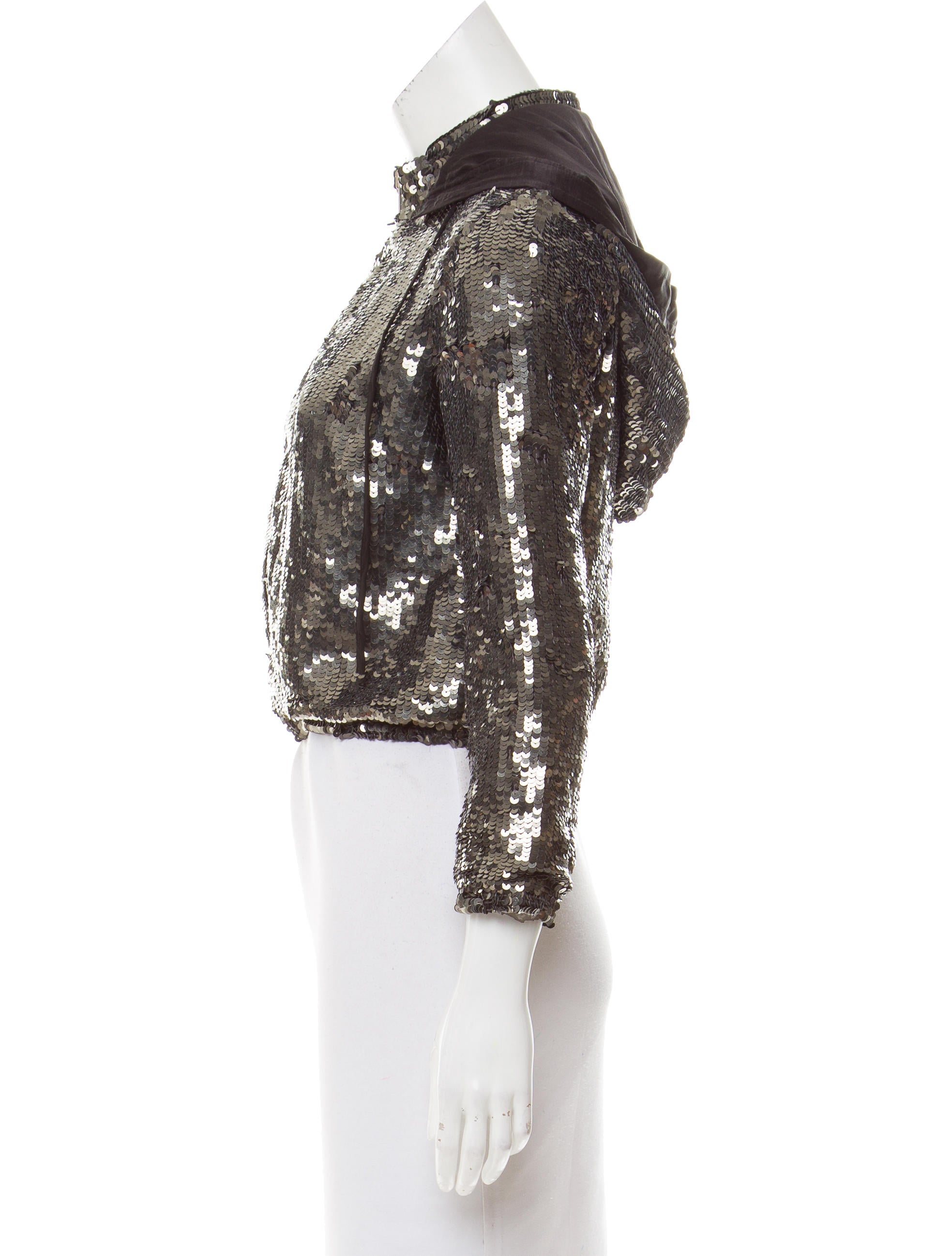 Sequin hooded jacket Sexy black long sleeve jacket with sequined hood, front zipper and sequin pockets with satin details. (Shorts not included.).