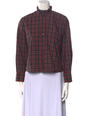 The Great Plaid Print Mock Neck Button-Up Top
