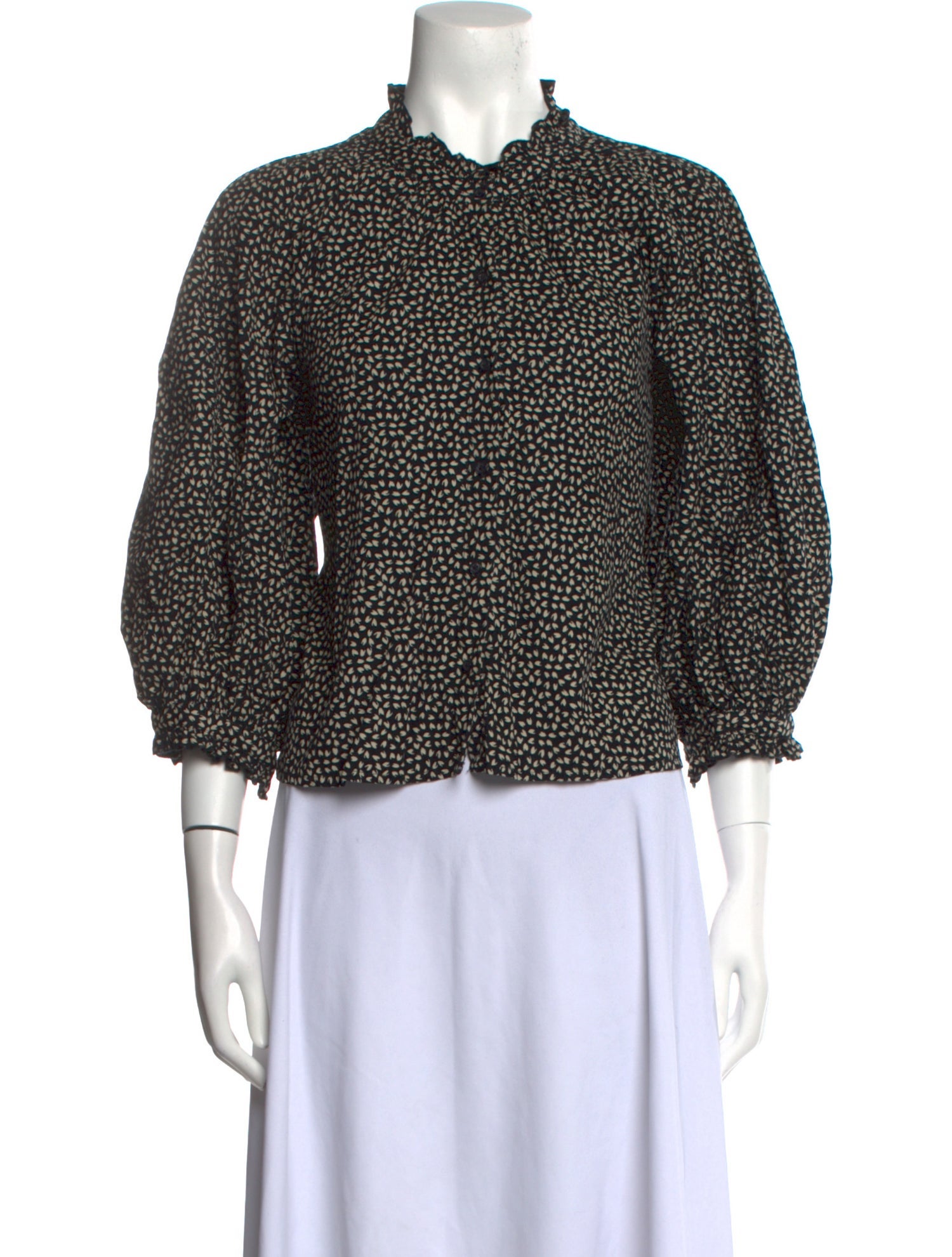 The Great Printed Mock Neck Button-Up Top