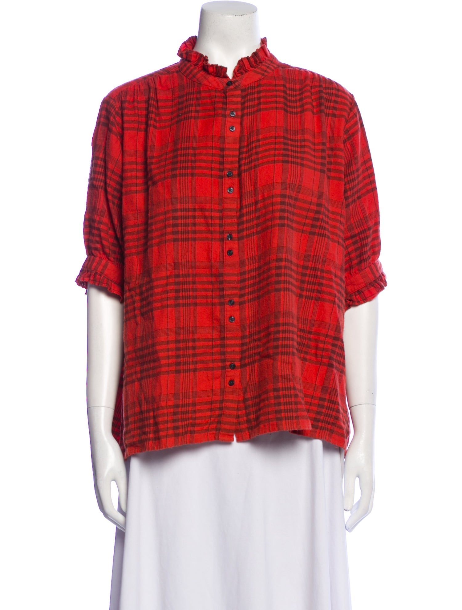The Great Plaid Print Mock Neck Button-Up Top