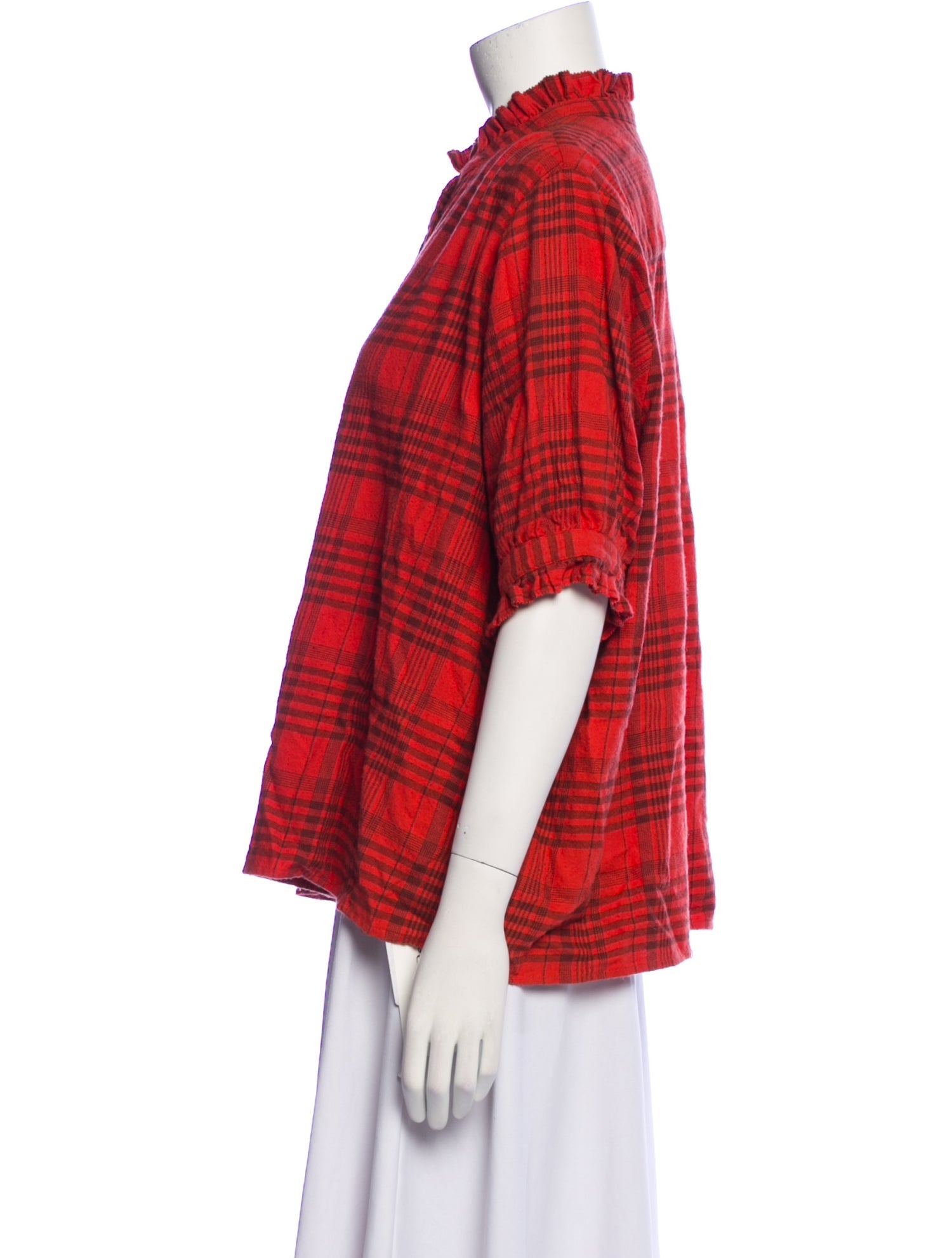 The Great Plaid Print Mock Neck Button-Up Top