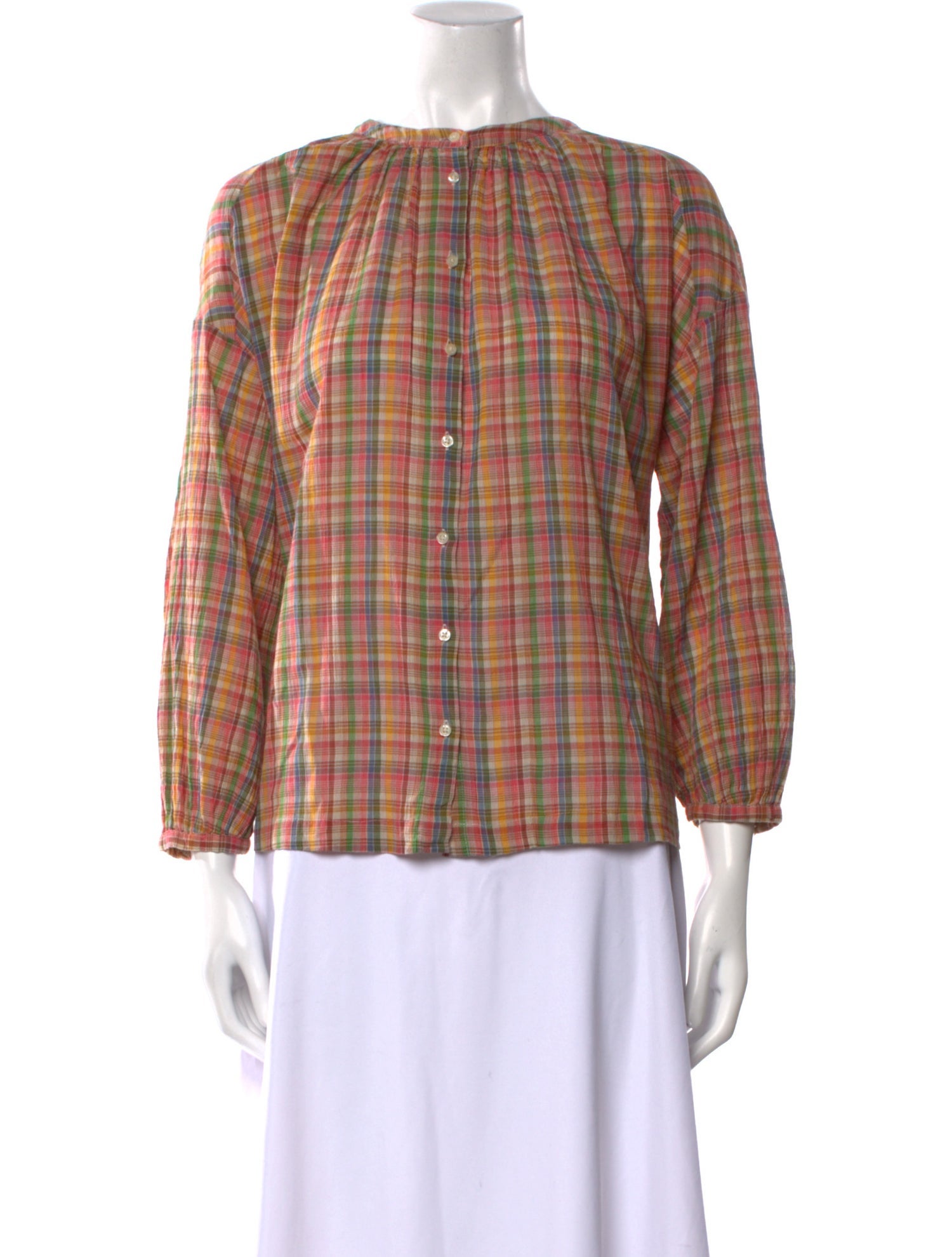 The Great Plaid Print Bateau Neckline Button-Up Top