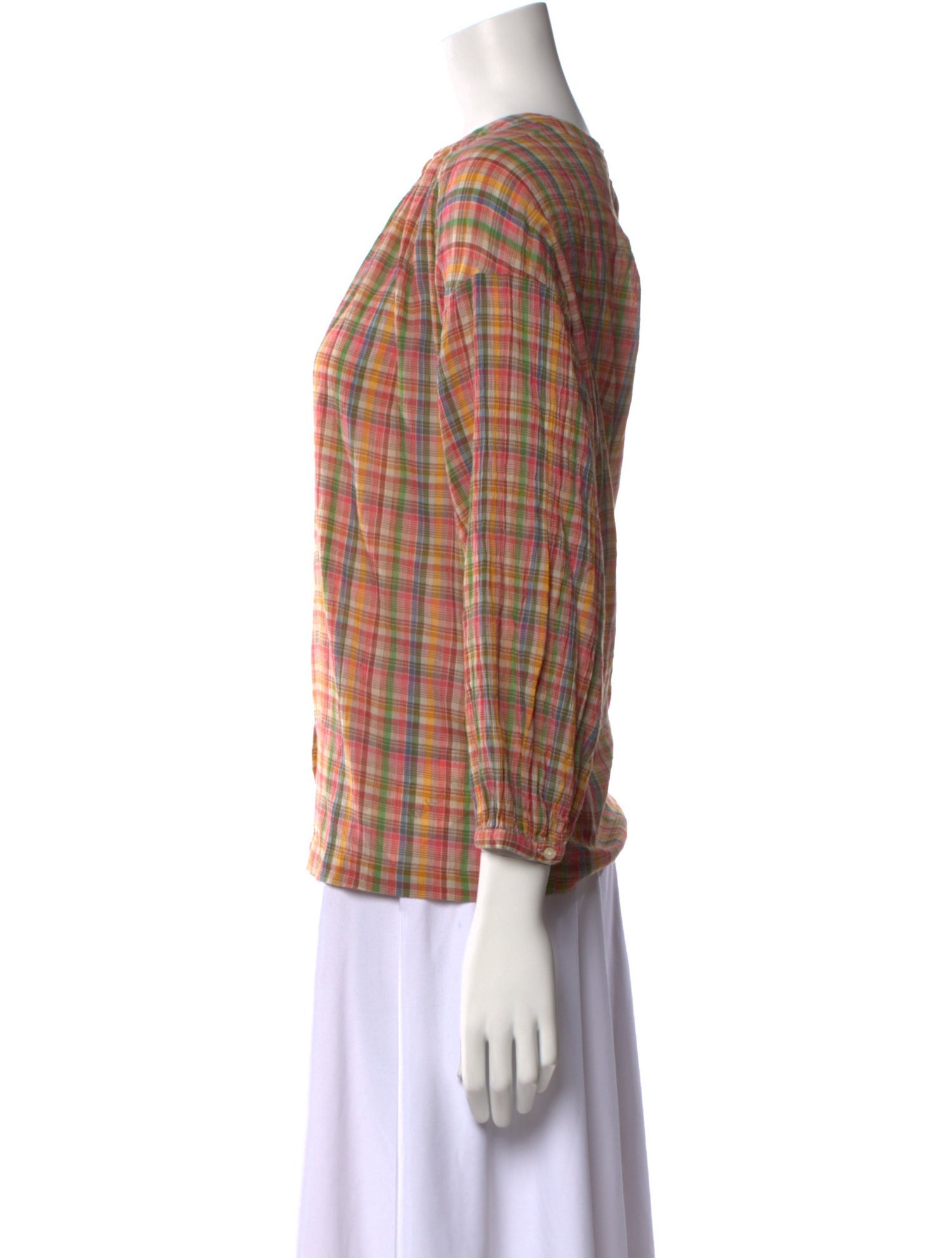 The Great Plaid Print Bateau Neckline Button-Up Top