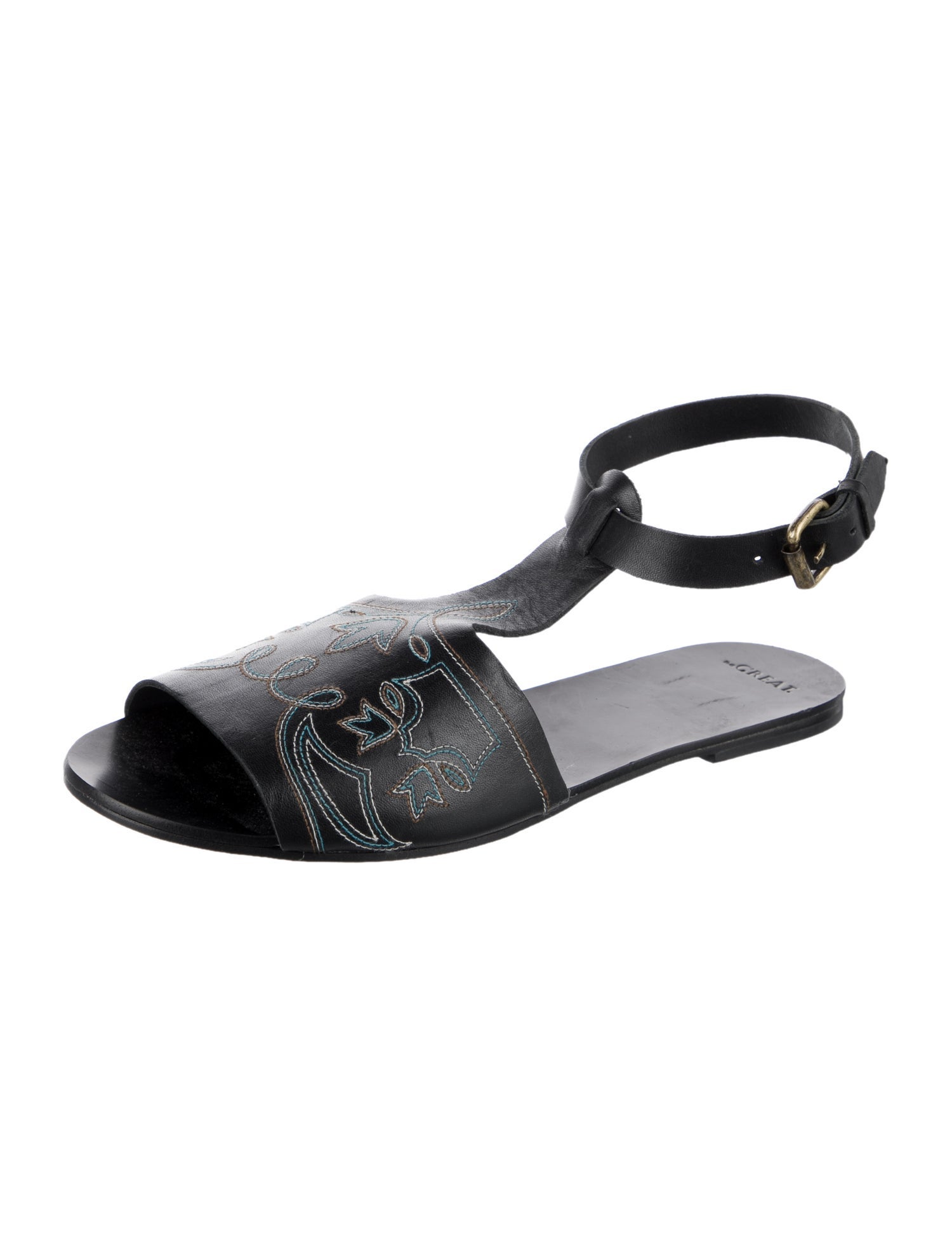 The Great Leather Printed T-Strap Sandals