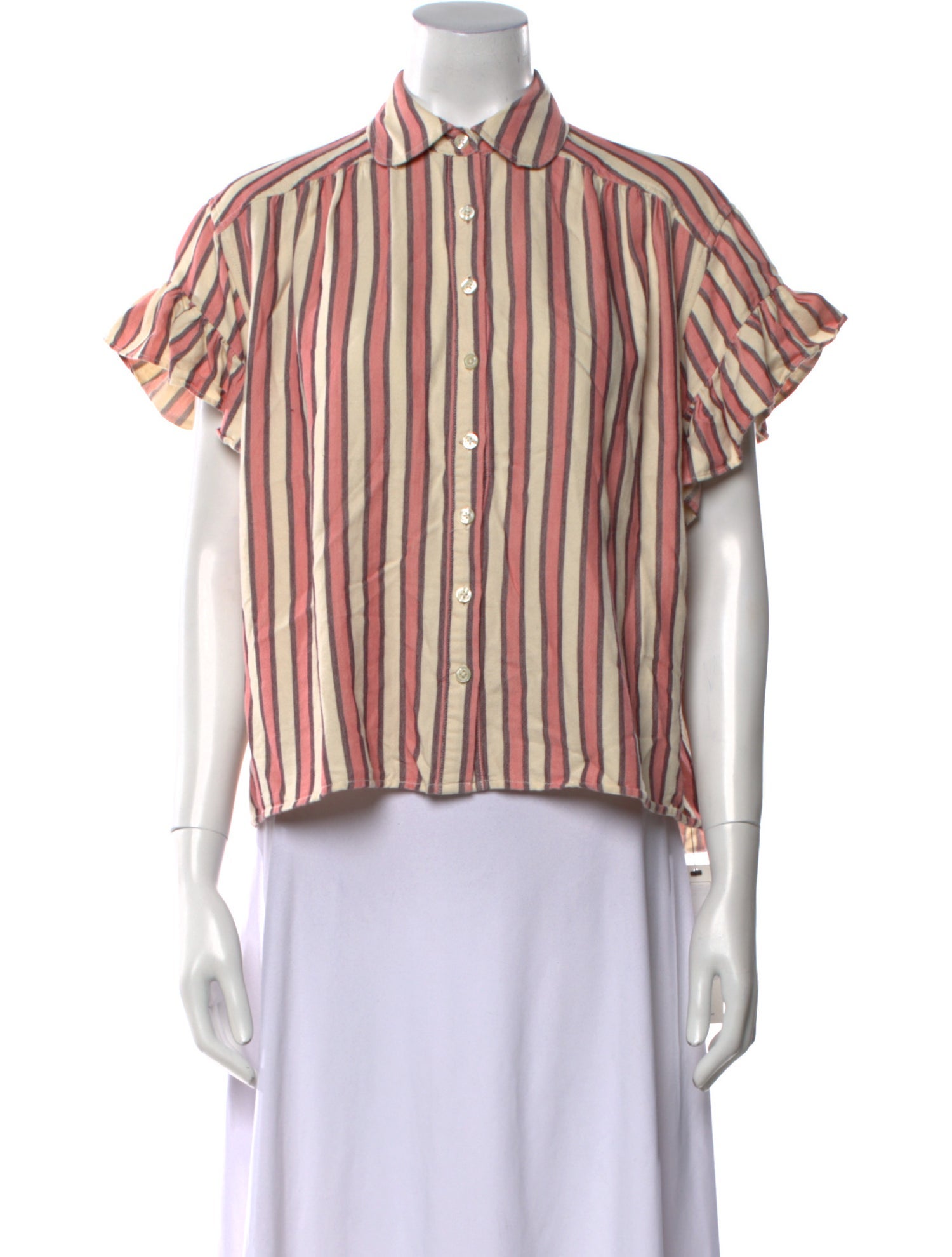 The Great Striped Short Sleeve Button-Up Top