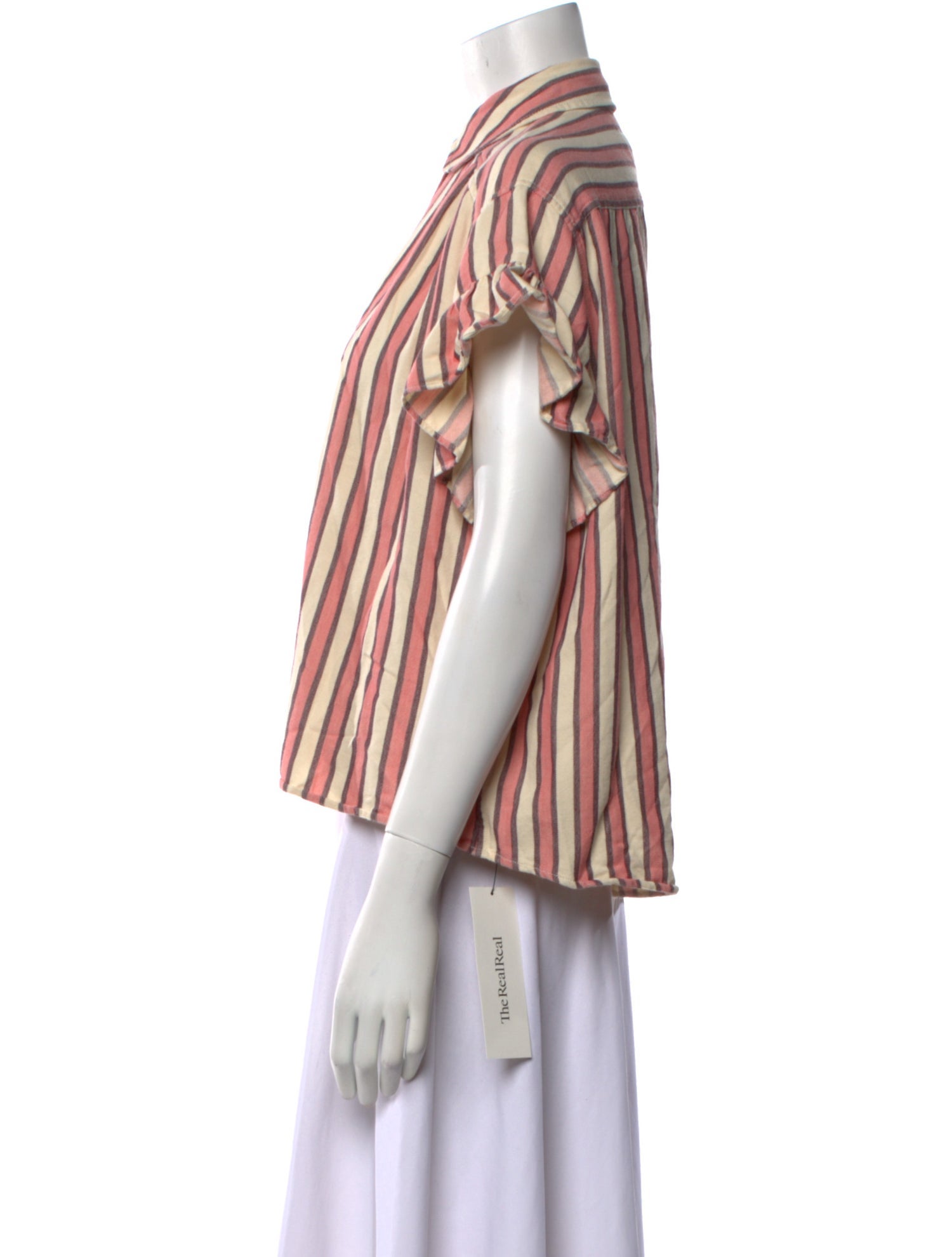 The Great Striped Short Sleeve Button-Up Top