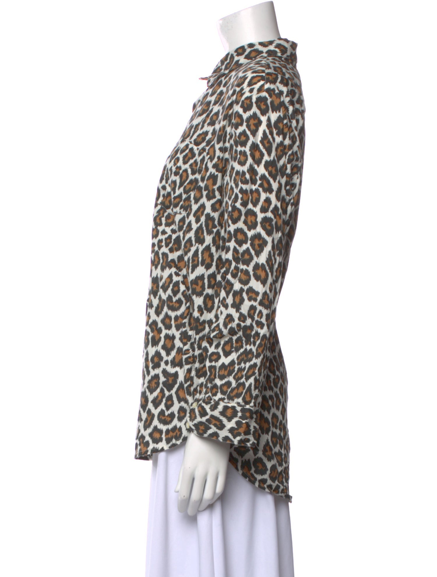 The Great Animal Print Mock Neck Button-Up Top