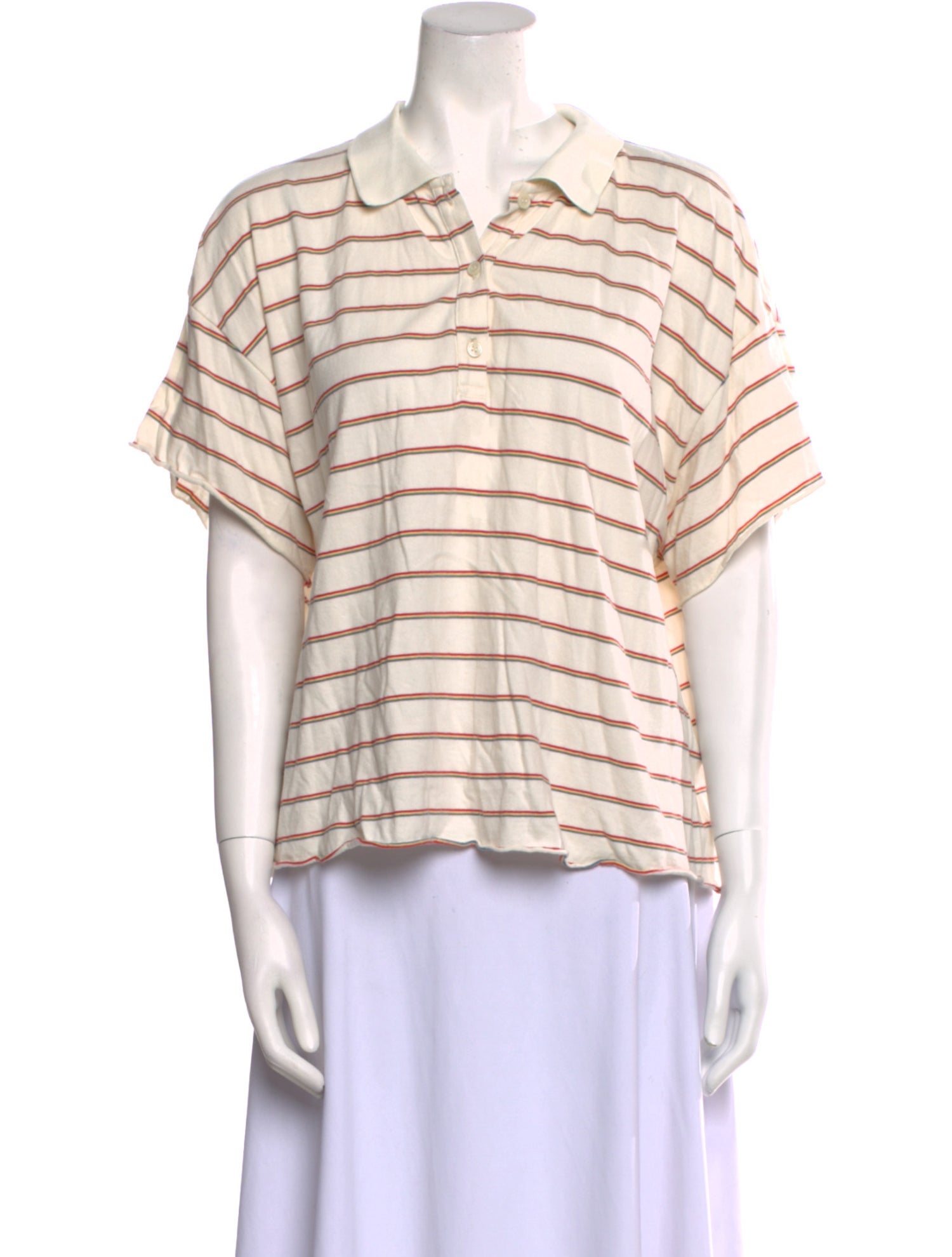 The Great Striped Short Sleeve Button-Up Top