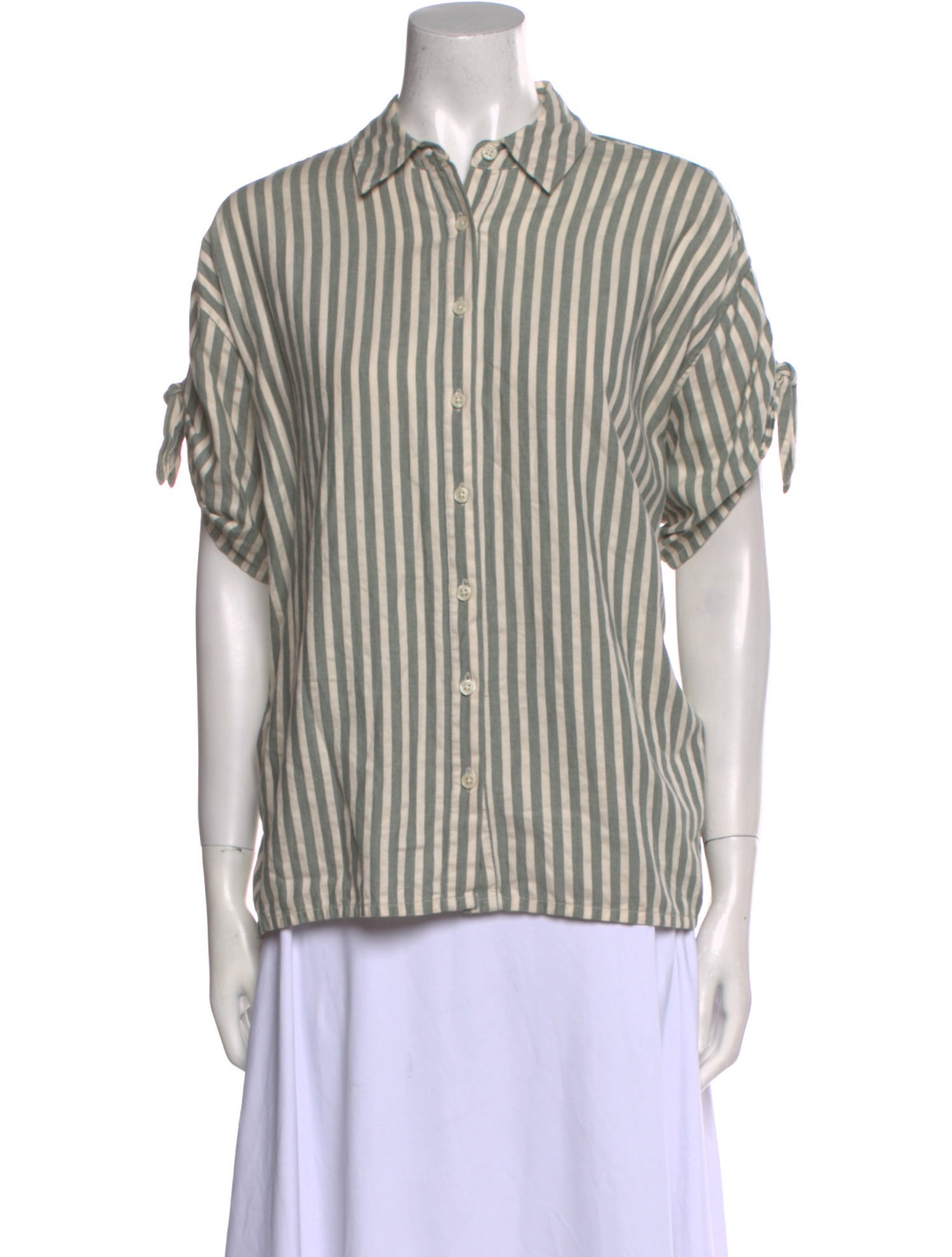 The Great Striped Short Sleeve Button-Up Top