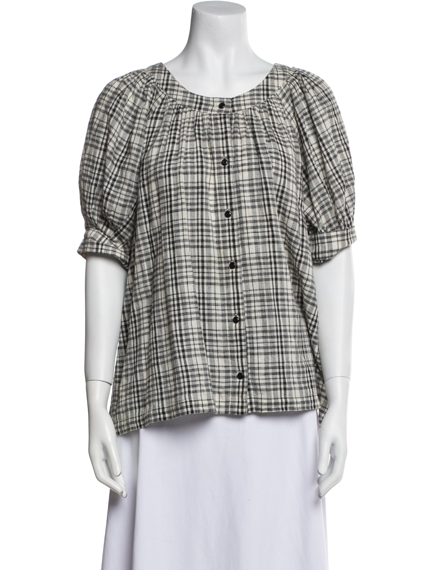 The Great Plaid Print Scoop Neck Button-Up Top
