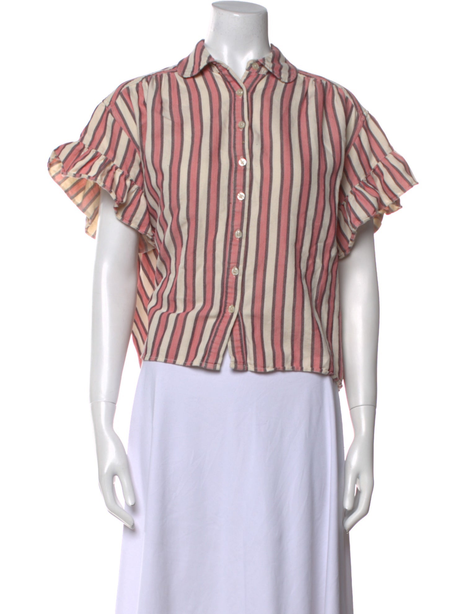 The Great Striped Short Sleeve Button-Up Top