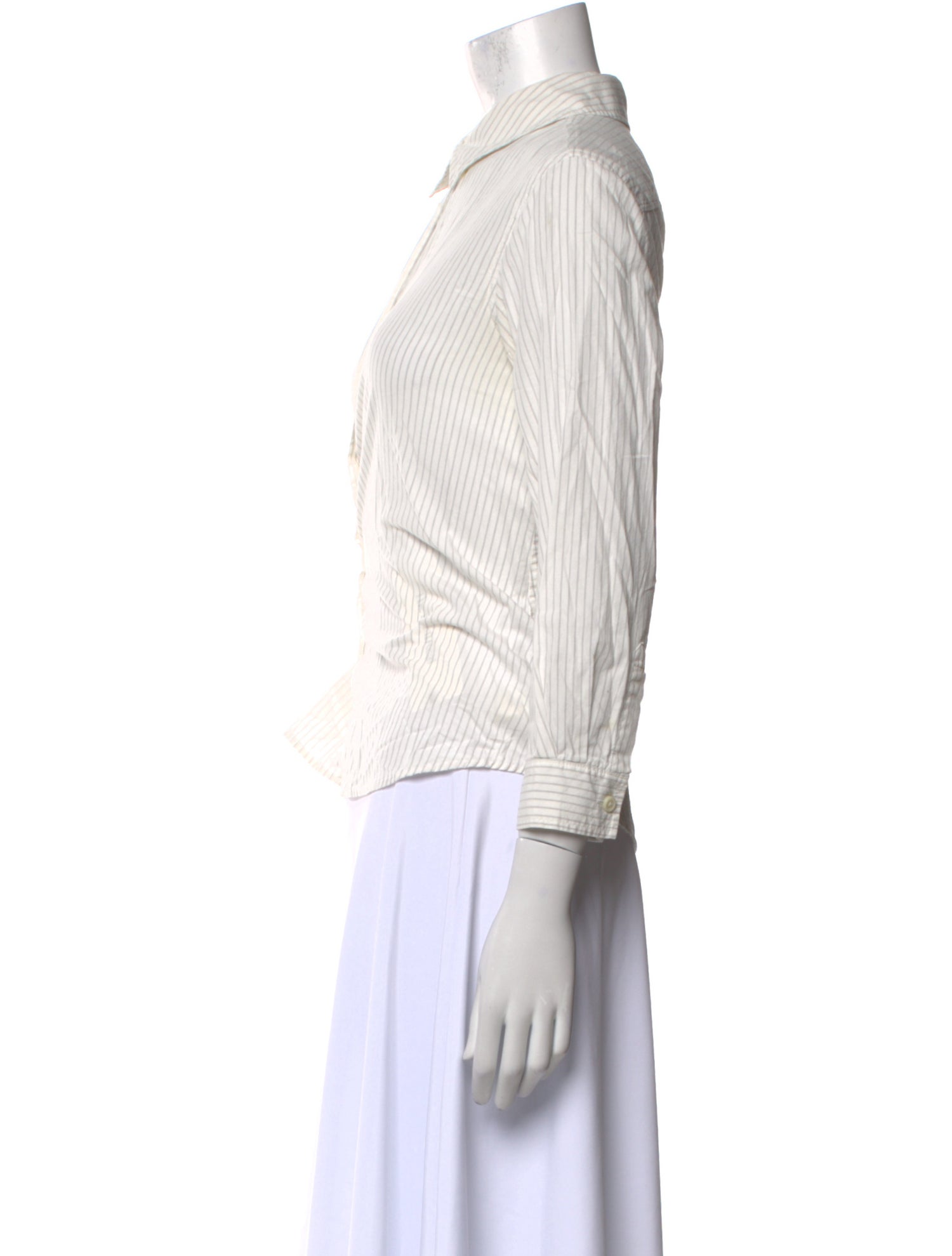 The Great Striped Three-Quarter Sleeve Button-Up Top