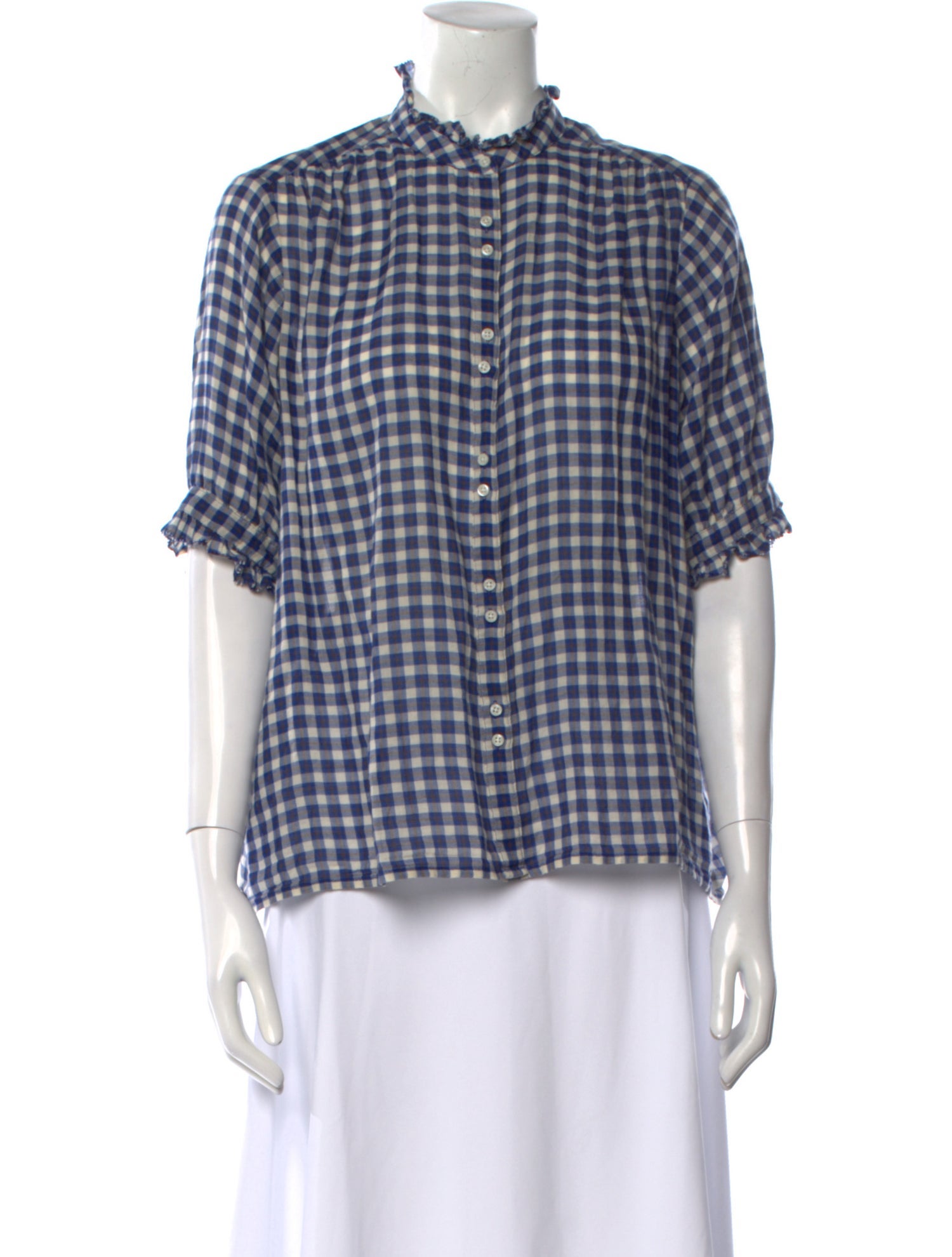 The Great Plaid Print Mock Neck Button-Up Top