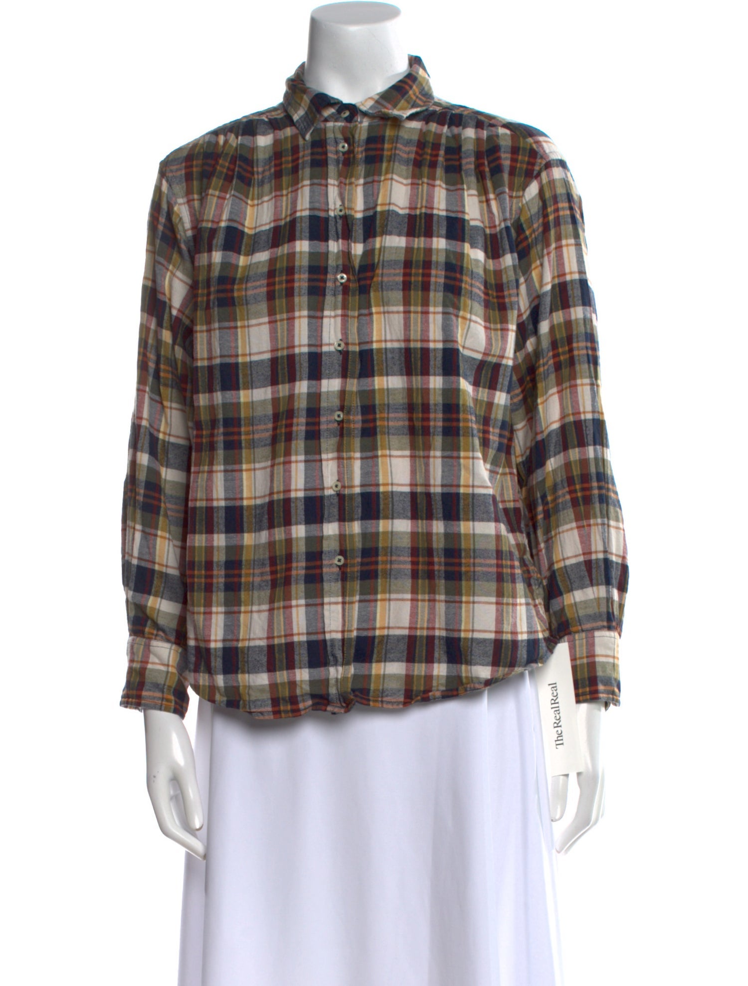 The Great Plaid Print Mock Neck Button-Up Top