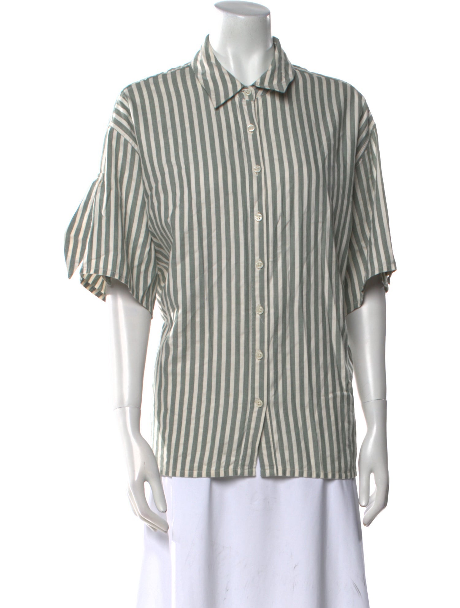 The Great Striped Short Sleeve Button-Up Top