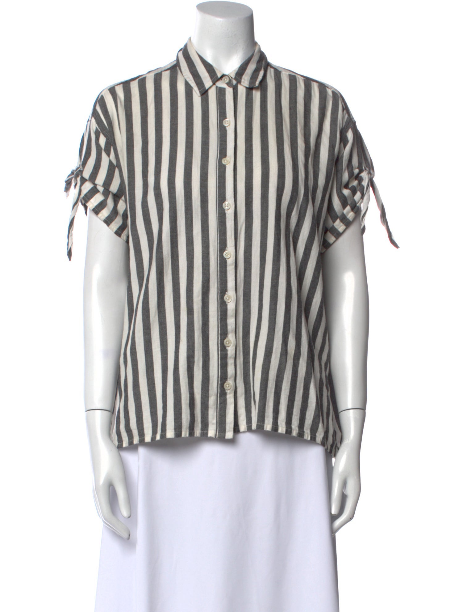 The Great Striped Short Sleeve Button-Up Top