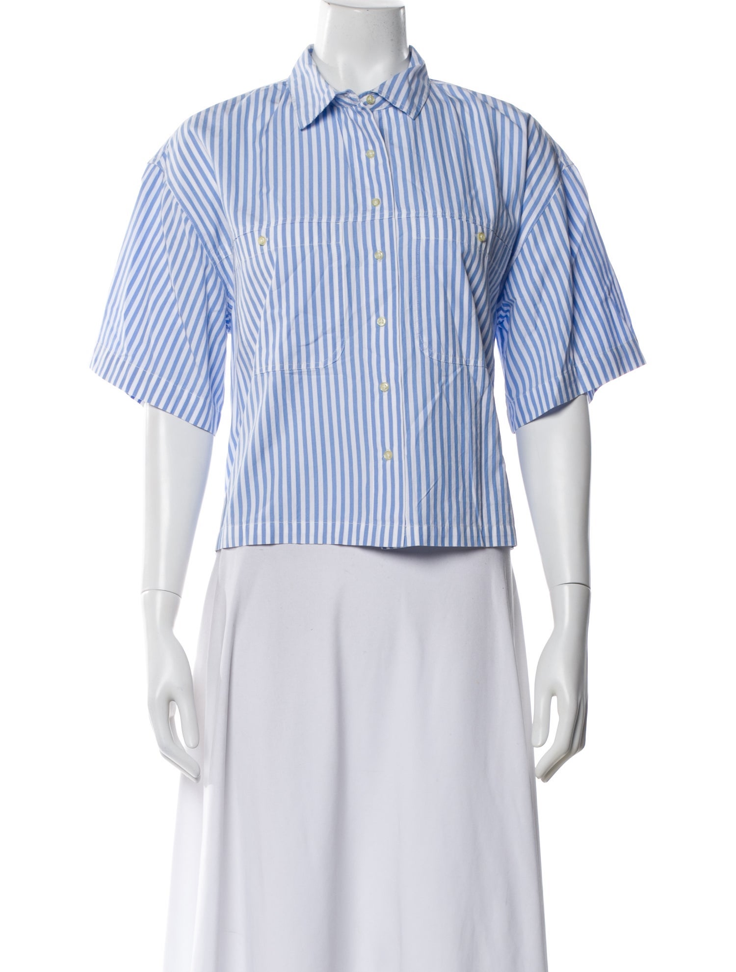The Great Striped Short Sleeve Button-Up Top