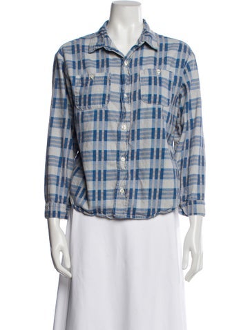 Pre-owned The Great Plaid Print Three-quarter Sleeve Button-up Top In Blue