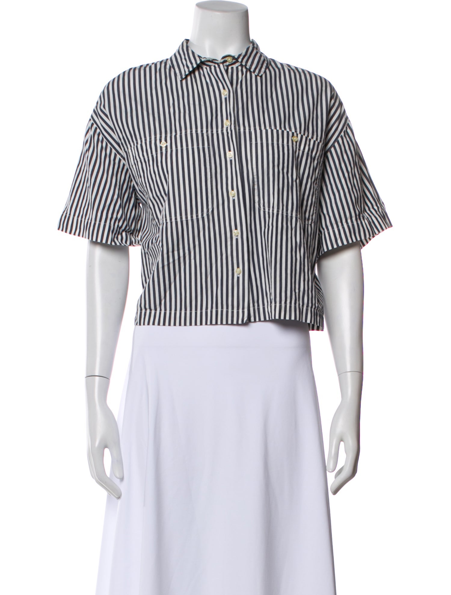 The Great Striped Short Sleeve Button-Up Top