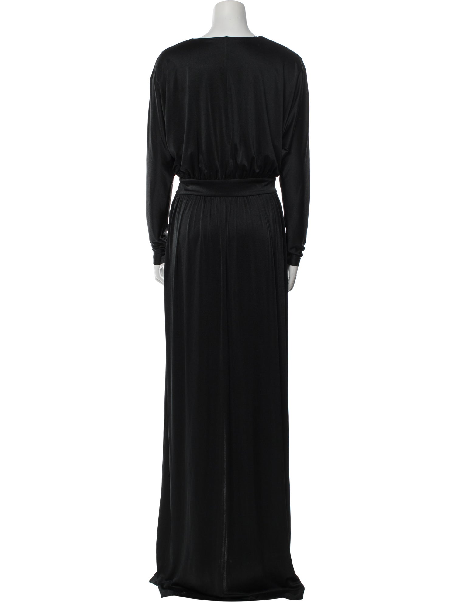 V-Neck Long Dress (1970s, black silk satin liquid-jersey deep-V long sleeve) (back)