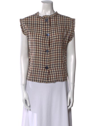 Hache Plaid Print Crew Neck Button-Up Top